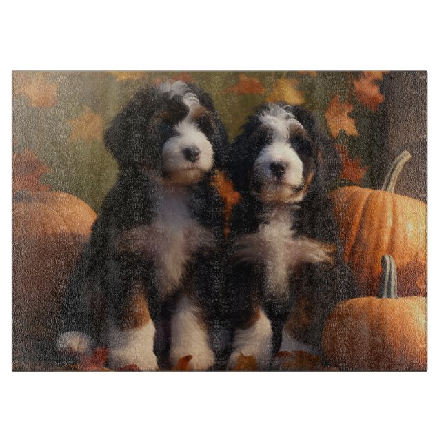 Bernedoodle Puppy Autumn Delight Pumpkin Cutting Board (Front)