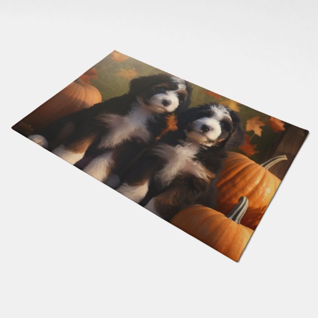 Bernedoodle Puppy Autumn Delight Pumpkin Doormat (Angled)