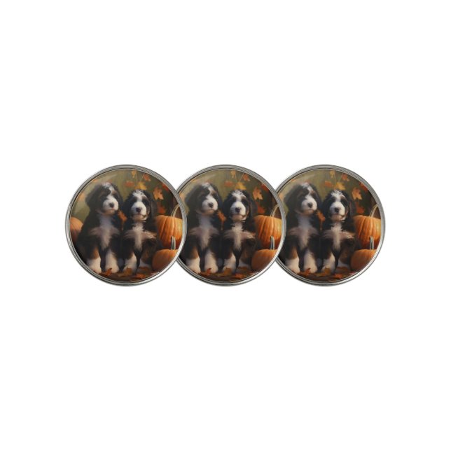 Bernedoodle Puppy Autumn Delight Pumpkin Golf Ball Marker (3 Up)