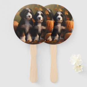 Bernedoodle Puppy Autumn Delight Pumpkin Hand Fan
