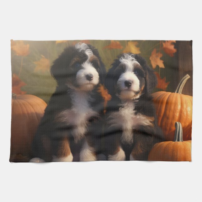 Bernedoodle Puppy Autumn Delight Pumpkin Kitchen Towel (Horizontal)
