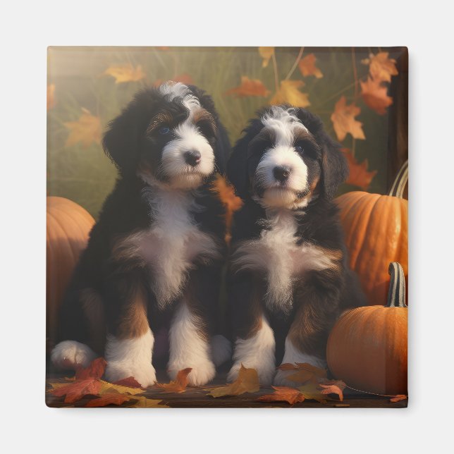Bernedoodle Puppy Autumn Delight Pumpkin Magnet (Front)