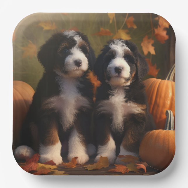Bernedoodle Puppy Autumn Delight Pumpkin Paper Plates (Front)