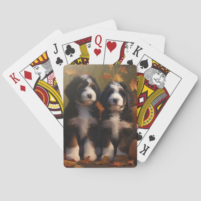 Bernedoodle Puppy Autumn Delight Pumpkin Poker Cards (Back)