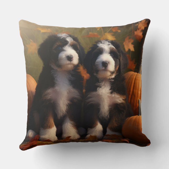 Bernedoodle Puppy Autumn Delight Pumpkin Throw Pillow (Back)