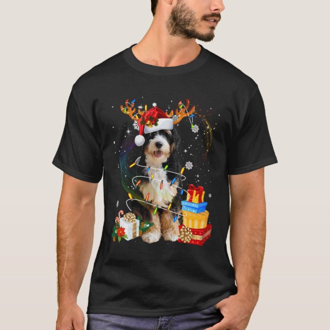Bernedoodle Reindeer Christmas Lights Funny Dog Xm T-Shirt (Front)