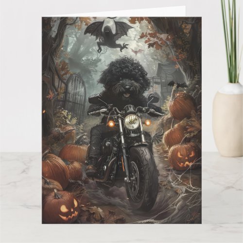 Bernedoodle Riding Motorcycle Halloween Scary Card