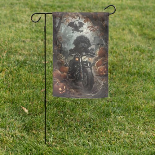Bernedoodle Riding Motorcycle Halloween Scary Garden Flag