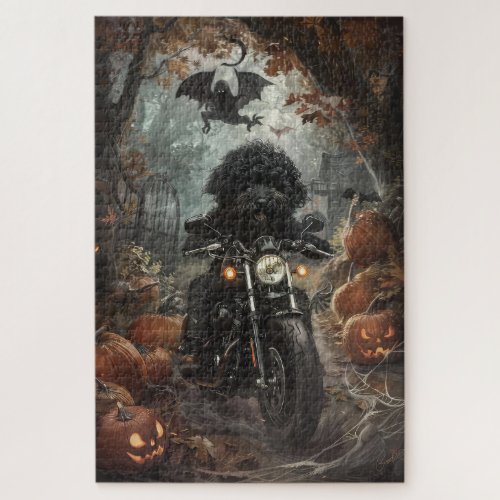 Bernedoodle Riding Motorcycle Halloween Scary Jigsaw Puzzle