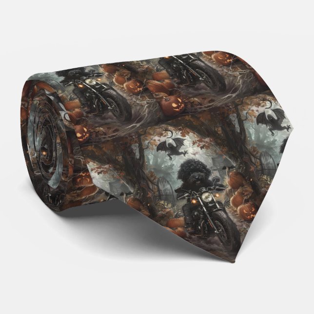 Bernedoodle Riding Motorcycle Halloween Scary Neck Tie (Rolled)