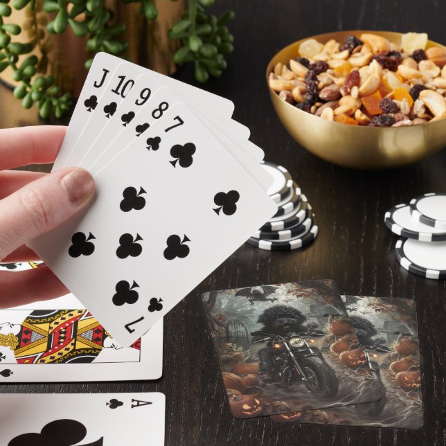 Bernedoodle Riding Motorcycle Halloween Scary Poker Cards (In Situ)