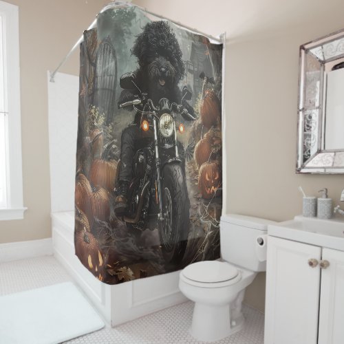 Bernedoodle Riding Motorcycle Halloween Scary Shower Curtain