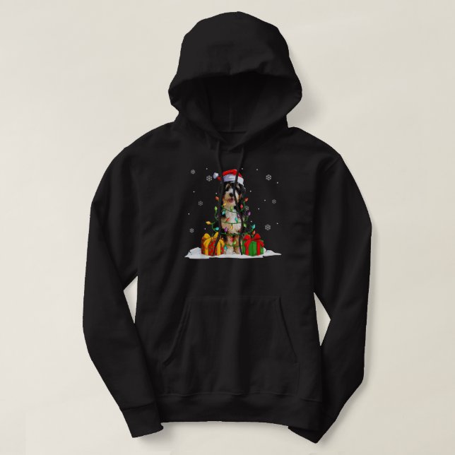 Bernedoodle Santa Christmas Tree Lights Xmas Pajam Hoodie (Design Front)