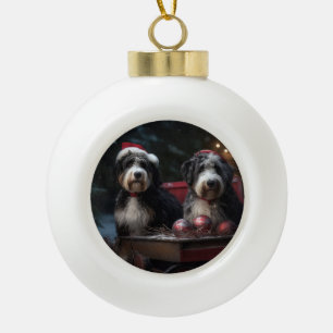 Bernedoodle Snowy Sleigh Christmas Decor   Ceramic Ball Christmas Ornament