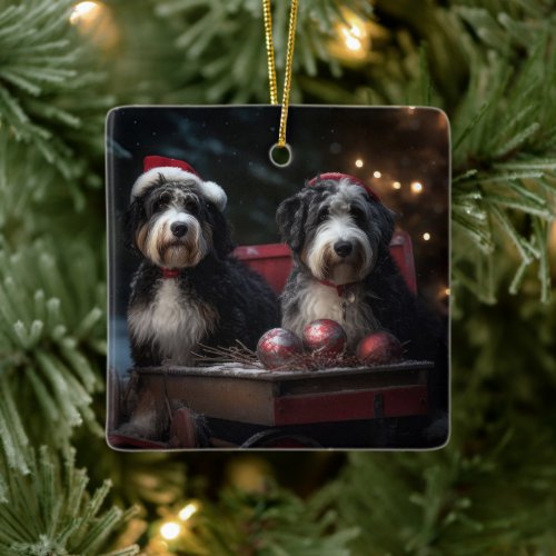 Bernedoodle Snowy Sleigh Christmas Decor   Ceramic Ornament