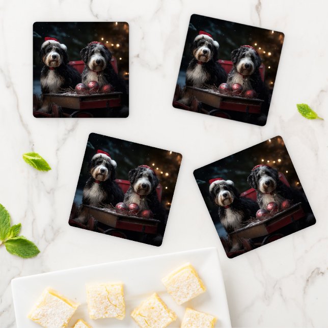 Bernedoodle Snowy Sleigh Christmas Decor   Coaster Set (In Situ)