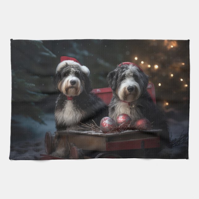Bernedoodle Snowy Sleigh Christmas Decor   Kitchen Towel (Horizontal)