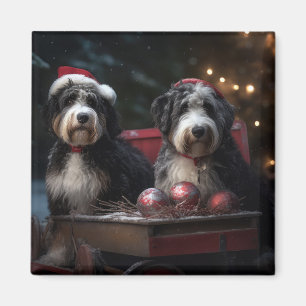 Bernedoodle Snowy Sleigh Christmas Decor Magnet