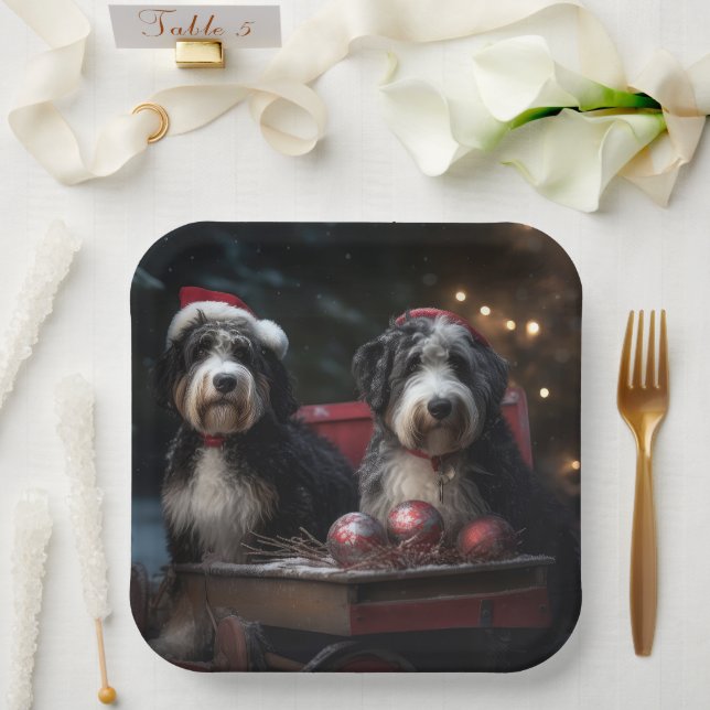 Bernedoodle Snowy Sleigh Christmas Decor   Paper Plates (Wedding)