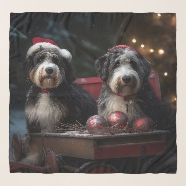 Bernedoodle Snowy Sleigh Christmas Decor   Scarf (Front)