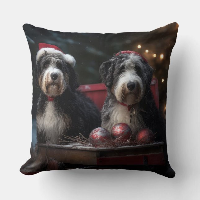 Bernedoodle Snowy Sleigh Christmas Decor   Throw Pillow (Front)