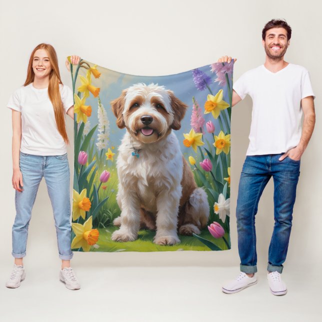 Bernedoodle Spring Flowers Painting  Fleece Blanket (In Situ)