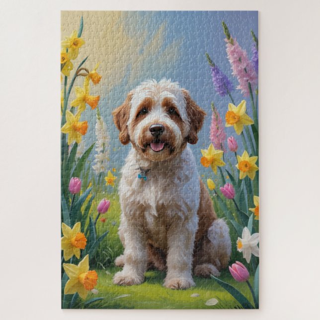 Bernedoodle Spring Flowers Painting  Jigsaw Puzzle (Vertical)