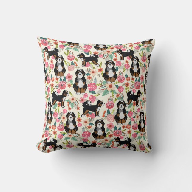 Bernedoodle Vintage Floral Dog Throw Pillow (Front)