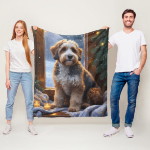 bernedoodle With Christmas Lights Holiday Fleece Blanket