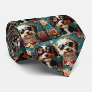 Bernedoodle With Heart Roses Valentine's Day  Neck Tie