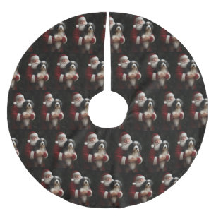 Bernedoodle with Santa Claus Festive Christmas Brushed Polyester Tree Skirt