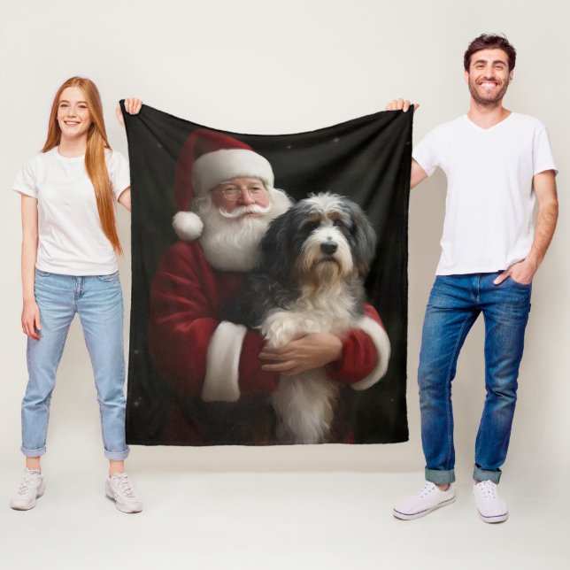 Bernedoodle with Santa Claus Festive Christmas  Fleece Blanket (In Situ)