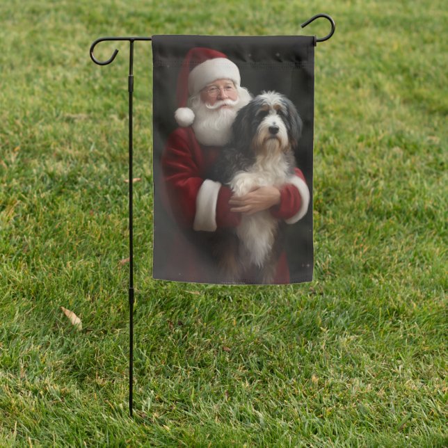 Bernedoodle with Santa Claus Festive Christmas  Garden Flag (In SItu)