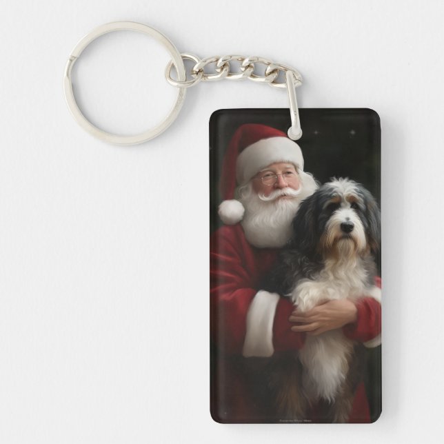 Bernedoodle with Santa Claus Festive Christmas  Keychain (Front)
