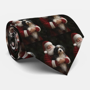 Bernedoodle with Santa Claus Festive Christmas Neck Tie
