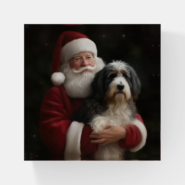 Bernedoodle with Santa Claus Festive Christmas  Paperweight (Front)