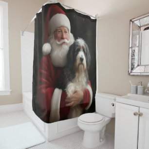 Bernedoodle with Santa Claus Festive Christmas Shower Curtain