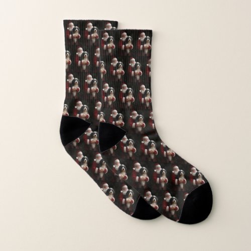 Bernedoodle with Santa Claus Festive Christmas  Socks