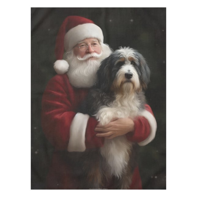 Bernedoodle with Santa Claus Festive Christmas  Tablecloth (Front)
