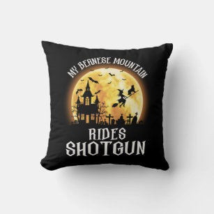 Bernese Dog Rides Shotgun, Halloween Spooky Dog Throw Pillow