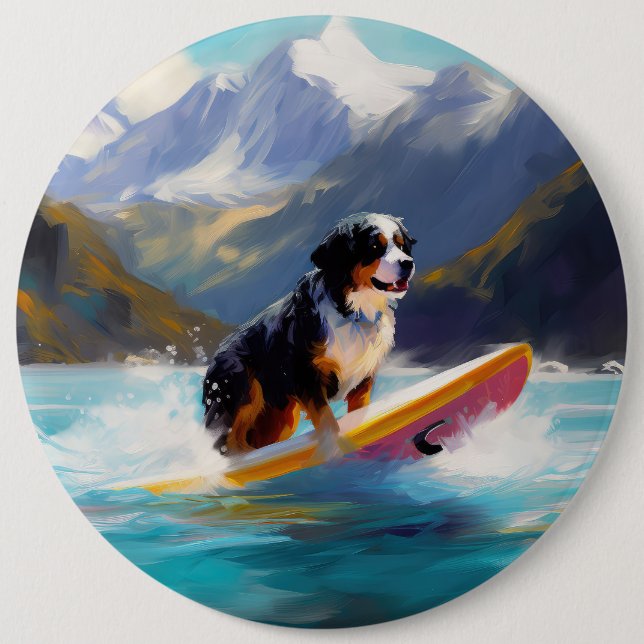 Bernese Mountain Beach Surfing Painting Button (Front)