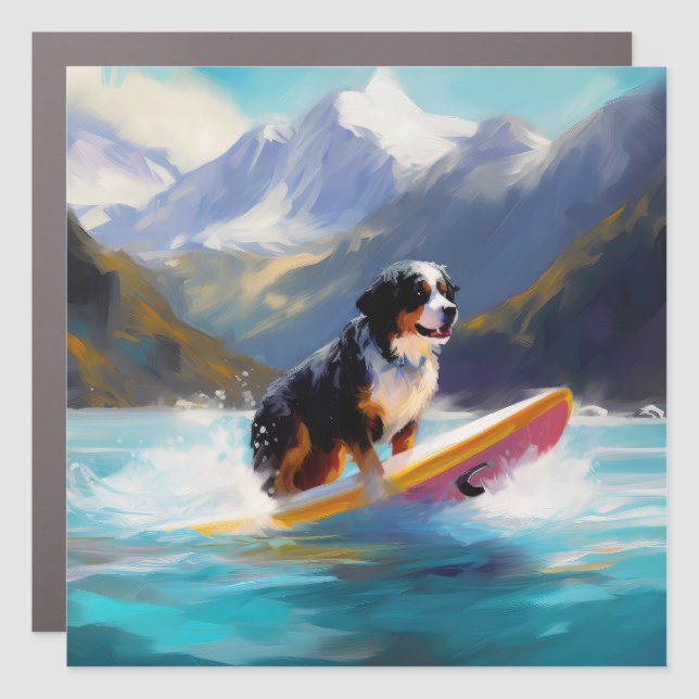 Bernese Mountain Beach Surfing Painting Car Magnet (Front)