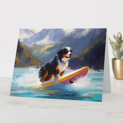 Bernese Mountain Beach Surfing Painting Card