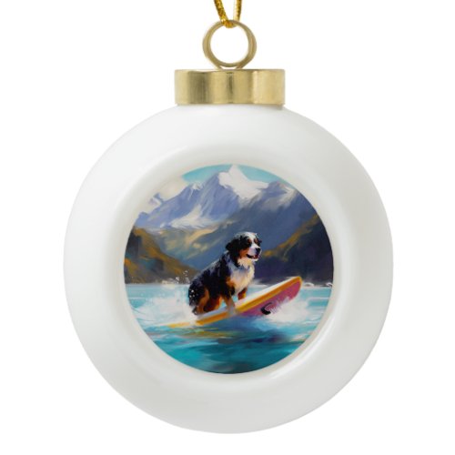 Bernese Mountain Beach Surfing Painting Ceramic Ball Christmas Ornament