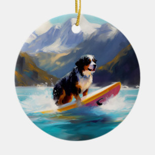 Bernese Mountain Beach Surfing Painting Ceramic Ornament