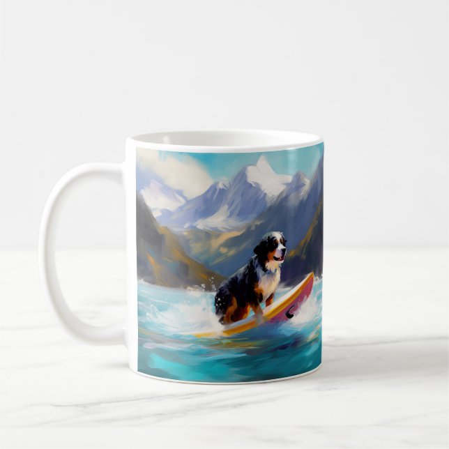 Bernese Mountain Beach Surfing Painting Coffee Mug (Left)
