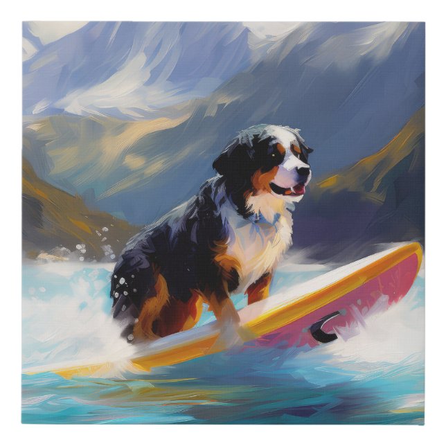 Bernese Mountain Beach Surfing Painting Faux Canvas Print (Front)