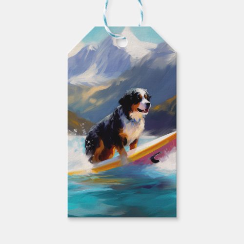 Bernese Mountain Beach Surfing Painting Gift Tags