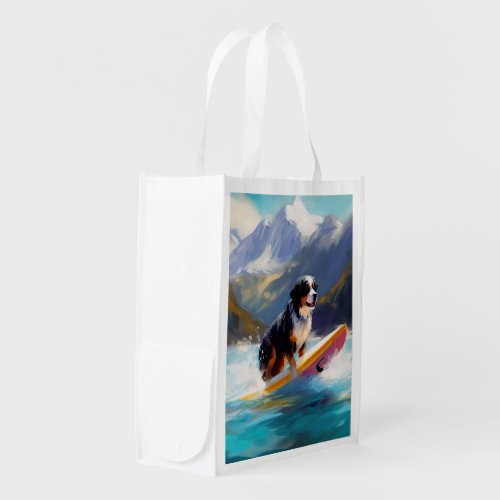 Bernese Mountain Beach Surfing Painting Grocery Bag