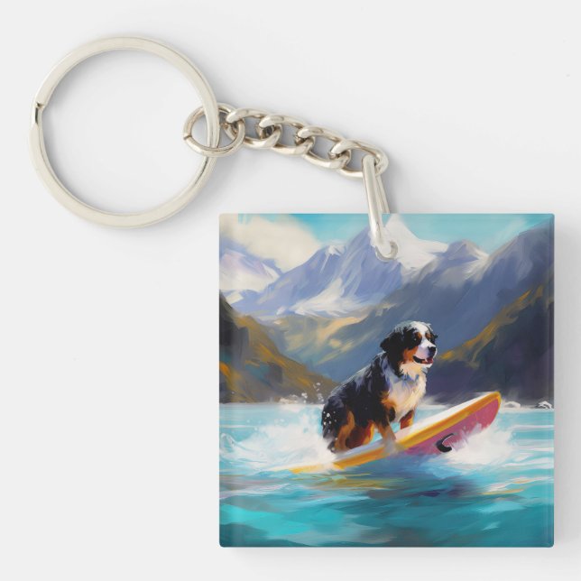 Bernese Mountain Beach Surfing Painting Keychain (Front)